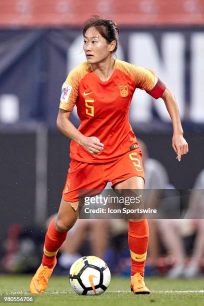 China PR defender Wu Haiyan handles the ball during an international friendly soccer match between the USA and China Women's National Teams on June...