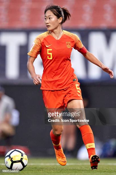 China PR defender Wu Haiyan handles the ball during an international friendly soccer match between the USA and China Women's National Teams on June...