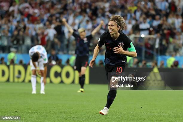 Luka Modric of Croatia celebrates after scoring his team's second goal during the 2018 FIFA World Cup Russia group D match between Argentina and...