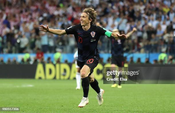 Luka Modric of Croatia celebrates after scoring his team's second goal during the 2018 FIFA World Cup Russia group D match between Argentina and...