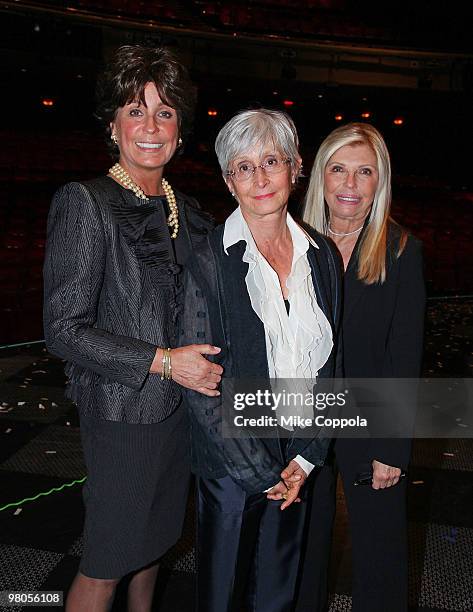 Tina Sinatra, Twyla Tharp, and Nancy Sinatra attend the Broadway opening of "Come Fly Away" at the Marriott Marquis on March 25, 2010 in New York...