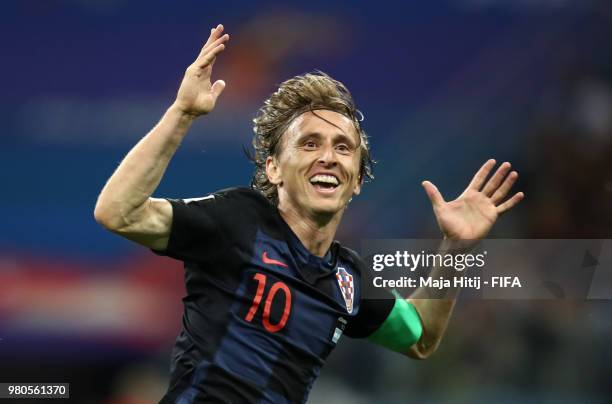 Luka Modric of Croatia celebrates after scoring his team's second goal during the 2018 FIFA World Cup Russia group D match between Argentina and...