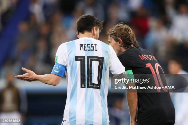 Lionel Messi of Argentina speaks with Luka Modric of Croatia during the 2018 FIFA World Cup Russia group D match between Argentina and Croatia at...