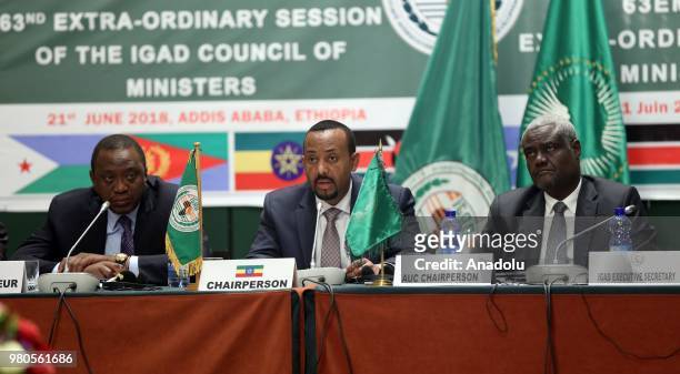 Kenyan President Uhuru Kenyatta , Ethiopian Prime Minister Abiy Ahmed and African Union Commission Chairperson Moussa Faki Mahamat attend the meeting...