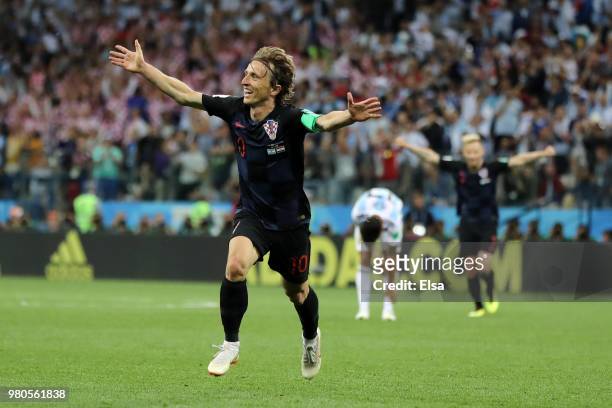 Luka Modric of Croatia celebrates after scoring his team's second goal during the 2018 FIFA World Cup Russia group D match between Argentina and...