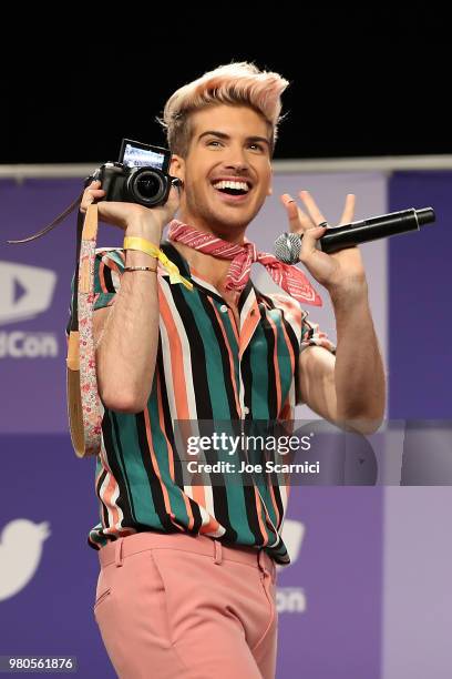 9th Joey Graceffa speaks onstage during the 'Escape the Night: 3 Welcome to Everlock' panel during the Annual VidCon at Anaheim Convention Center on...