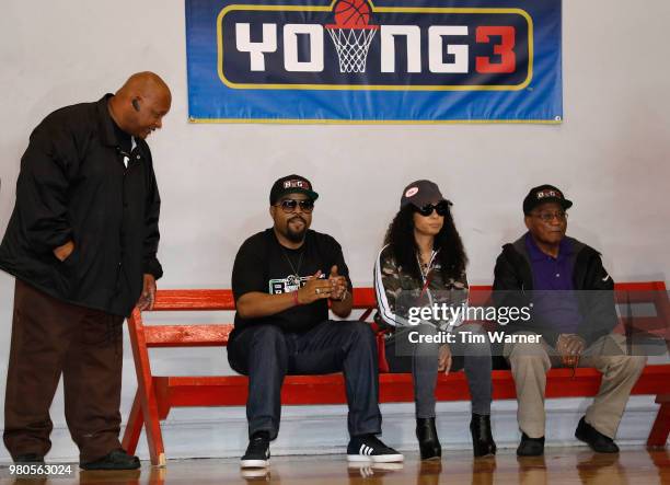 Rap Artist Ice Cube watches on the sideline during the Young3 Basketball Clinic and Tournament on June 21, 2018 in Houston, Texas.