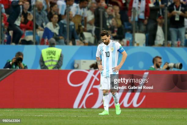 Lionel Messi of Argentina shows his dejection during the 2018 FIFA World Cup Russia group D match between Argentina and Croatia at Nizhny Novgorod...