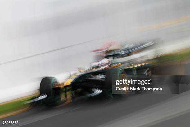 Jarno Trulli of Italy and Lotus drives during practice for the Australian Formula One Grand Prix at the Albert Park Circuit on March 26, 2010 in...