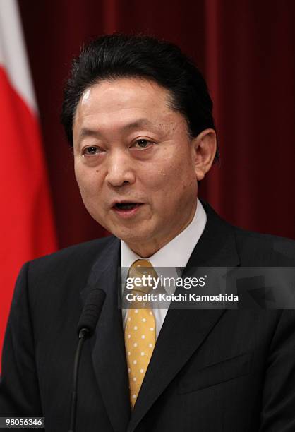 Japanese Prime Minister Yukio Hatoyama speaks during a press conference at the prime minister's official residence on March 26, 2010 in Tokyo, Japan....