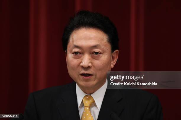 Japanese Prime Minister Yukio Hatoyama speaks during a press conference at the prime minister's official residence on March 26, 2010 in Tokyo, Japan....