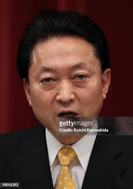 Japanese Prime Minister Yukio Hatoyama speaks during a press conference at the prime minister's official residence on March 26, 2010 in Tokyo, Japan....