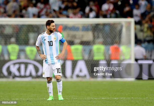 Lionel Messi of Argentina looks dejected during the 2018 FIFA World Cup Russia group D match between Argentina and Croatia at Nizhny Novgorod Stadium...