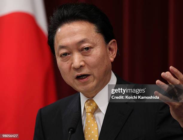 Japanese Prime Minister Yukio Hatoyama speaks during a press conference at the prime minister's official residence on March 26, 2010 in Tokyo, Japan....