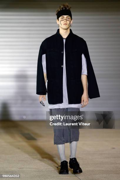 Model walks the runway during the Boris Bidjan Saberi Menswear Spring/Summer 2019 show as part of Paris Fashion Week on June 21, 2018 in Paris,...