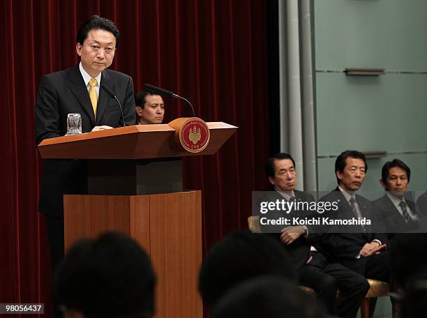 Japanese Prime Minister Yukio Hatoyama speaks during a press conference at the prime minister's official residence on March 26, 2010 in Tokyo, Japan....