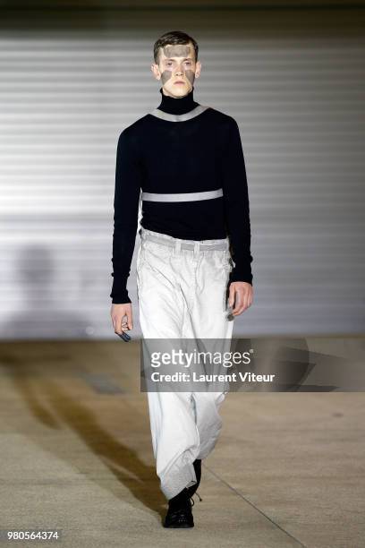 Model walks the runway during the Boris Bidjan Saberi Menswear Spring/Summer 2019 show as part of Paris Fashion Week on June 21, 2018 in Paris,...