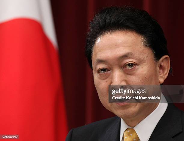 Japanese Prime Minister Yukio Hatoyama speaks during a press conference at the prime minister's official residence on March 26, 2010 in Tokyo, Japan....