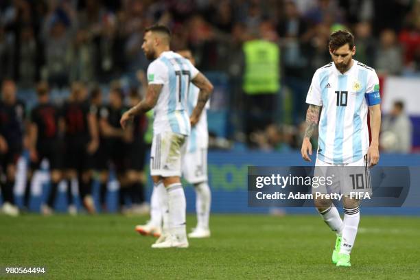 Lionel Messi of Argentina looks dejected during the 2018 FIFA World Cup Russia group D match between Argentina and Croatia at Nizhny Novgorod Stadium...