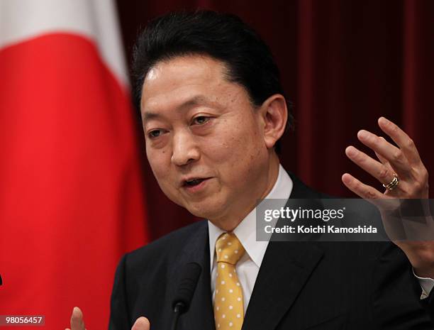 Japanese Prime Minister Yukio Hatoyama speaks during a press conference at the prime minister's official residence on March 26, 2010 in Tokyo, Japan....