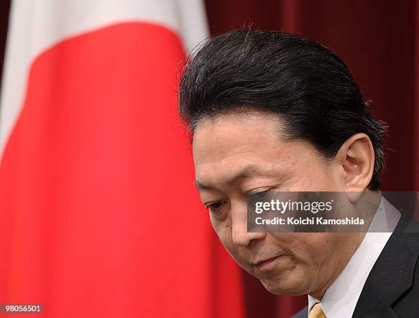 Japanese Prime Minister Yukio Hatoyama speaks during a press conference at the prime minister's official residence on March 26, 2010 in Tokyo, Japan....