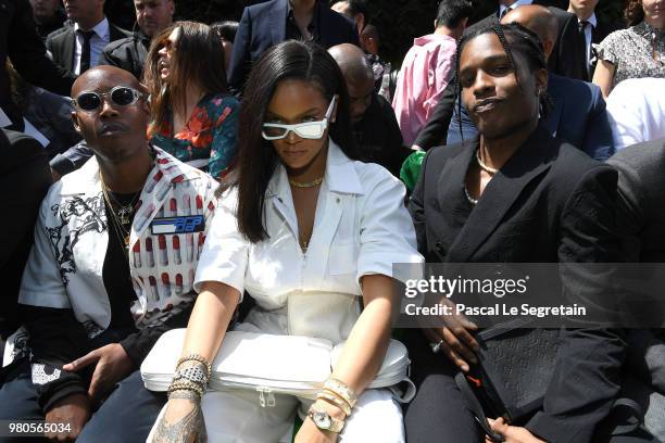 Jahleel Weaver, Rihanna and A$AP Rocky attend the Louis Vuitton Menswear Spring/Summer 2019 show as part of Paris Fashion Week on June 21, 2018 in...