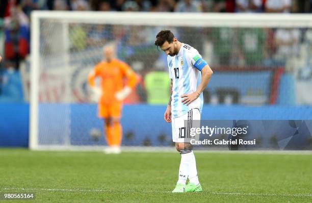 Lionel Messi of Argentina stands dejected after the 2018 FIFA World Cup Russia group D match between Argentina and Croatia at Nizhny Novgorod Stadium...