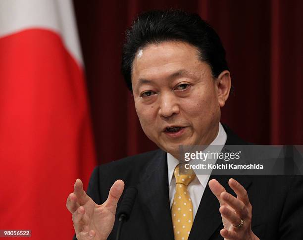 Japanese Prime Minister Yukio Hatoyama speaks during a press conference at the prime minister's official residence on March 26, 2010 in Tokyo, Japan....