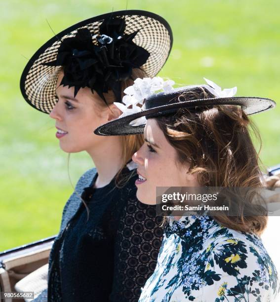 Princess Beatrice of York and Princess Eugenie of York during Royal Ascot Day 3 at Ascot Racecourse on June 21, 2018 in Ascot, United Kingdom.