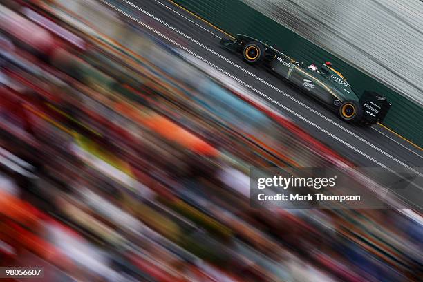 Jarno Trulli of Italy and Lotus drives during practice for the Australian Formula One Grand Prix at the Albert Park Circuit on March 26, 2010 in...