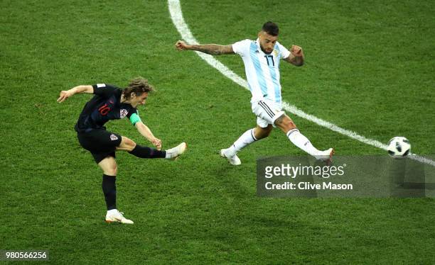 Luka Modric of Croatia scores his team's second goal during the 2018 FIFA World Cup Russia group D match between Argentina and Croatia at Nizhny...