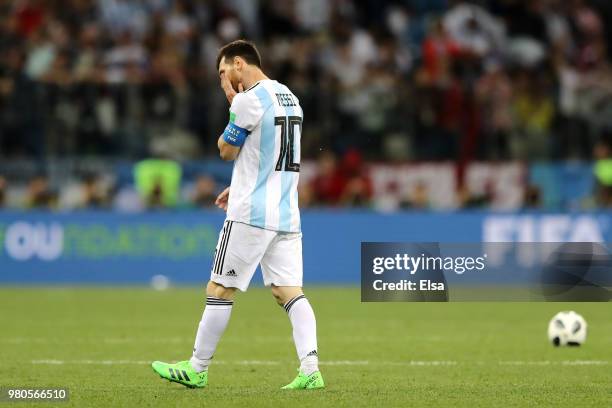 Lionel Messi of Argentina looks dejected after the 2018 FIFA World Cup Russia group D match between Argentina and Croatia at Nizhny Novgorod Stadium...
