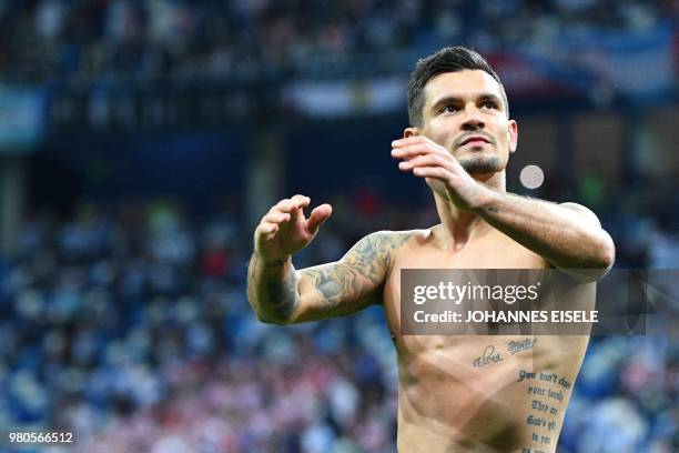 Croatia's defender Dejan Lovren celebrates their victory at the end of the Russia 2018 World Cup Group D football match between Argentina and Croatia...