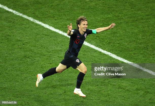 Luka Modric of Croatia celebrates after scoring his team's second goal during the 2018 FIFA World Cup Russia group D match between Argentina and...