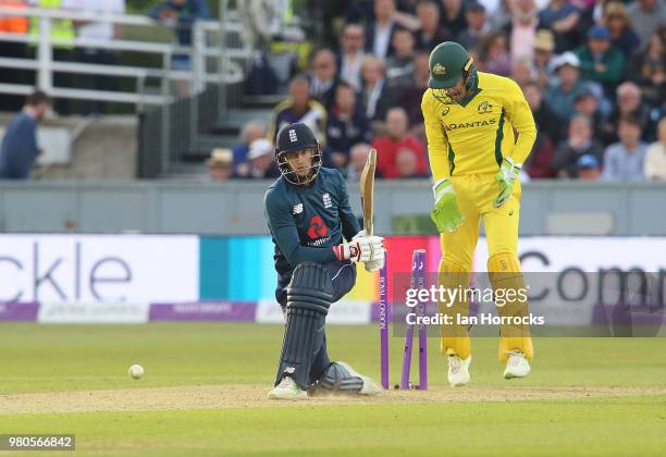 Joe Root of England is bowled out during the 4th Royal London ODI at Emirates Durham ICG on June 21, 2018 in Chester-le-Street, England.