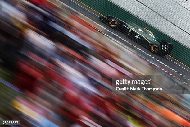 Jarno Trulli of Italy and Lotus drives during practice for the Australian Formula One Grand Prix at the Albert Park Circuit on March 26, 2010 in...