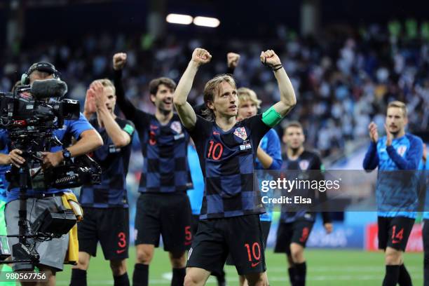 Luka Modric of Croatia acknowledges the fans following the 2018 FIFA World Cup Russia group D match between Argentina and Croatia at Nizhny Novgorod...