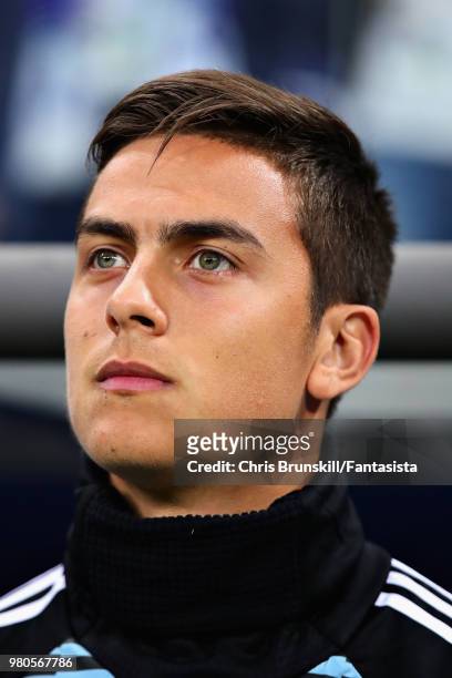 Paulo Dybala of Argentina looks on before the 2018 FIFA World Cup Russia group D match between Argentina and Croatia at Nizhny Novgorod Stadium on...