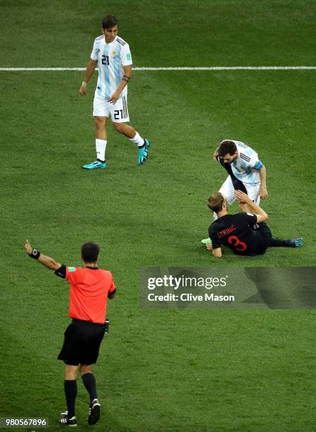 Lionel Messi of Argentina argues with Ivan Strinic of Croatia during the 2018 FIFA World Cup Russia group D match between Argentina and Croatia at...