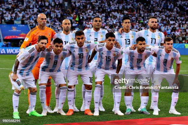 The Argentina team lineup before the 2018 FIFA World Cup Russia group D match between Argentina and Croatia at Nizhny Novgorod Stadium on June 21,...