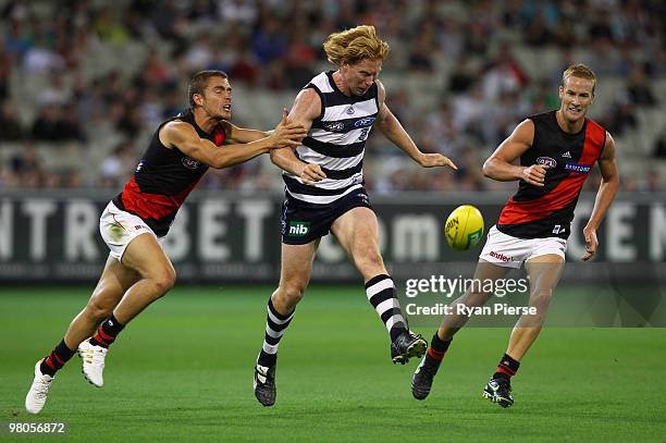 Cameron Ling of the Cats wins the ball over Ricky Dyson and Jason Winderlich of the Bombers during the round one AFL match between the Geelong Cats...