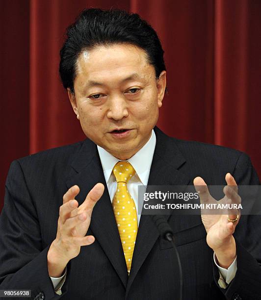 Japanese Prime Minister Yukio Hatoyama gestures during a press conference at the prime minister's official residence in Tokyo on March 26, 2010....