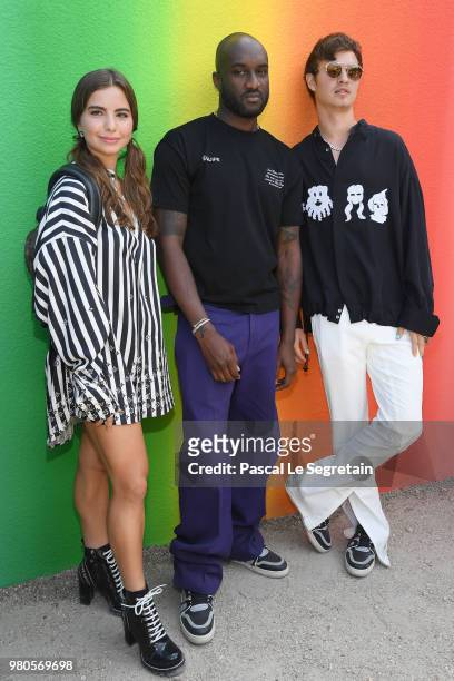 Violetta Komyshan, Virgil Abloh and Ansel Elgort after the Louis Vuitton Menswear Spring/Summer 2019 show as part of Paris Fashion Week on June 21,...