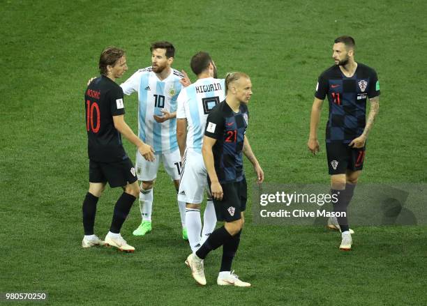 Lionel Messi of Argentina confronts Luka Modric of Croatia during the 2018 FIFA World Cup Russia group D match between Argentina and Croatia at...