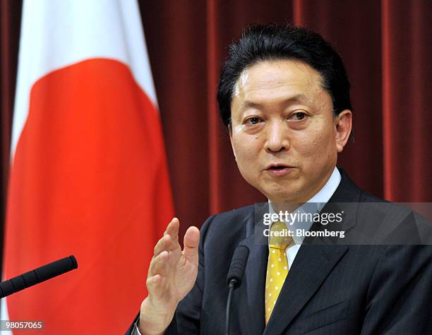 Yukio Hatoyama, Japan's prime minister, speaks during a news conference at the prime minister's official residence in Tokyo, Japan, on Friday, March...