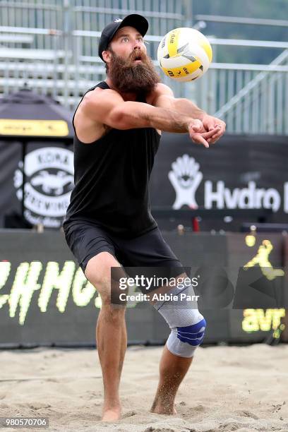 Maddison McKibbin digs the ball during qualifications of the AVP Seattle Open at Lake Sammamish State Park on June 21, 2018 in Issaquah, Washington.