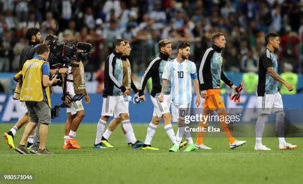 Lionel Messi of Argentina looks dejected following his sides defeat in the 2018 FIFA World Cup Russia group D match between Argentina and Croatia at...
