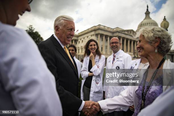 House Minority Whip Steny Hoyer, a Democrat from Maryland, greets healthcare professionals and students before a news conference on the long-term...