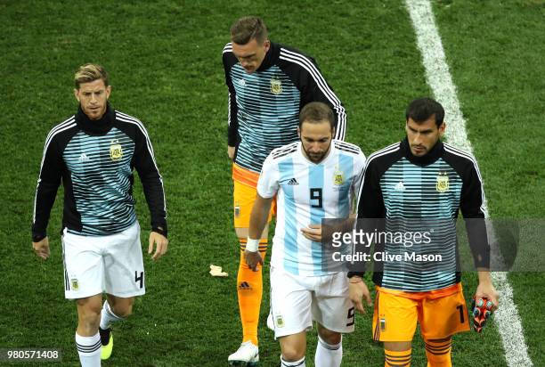 L-r Cristian Ansaldi, Franco Armani, Gonzalo Higuain and Nahuel Guzman of Argentina walk off after the 2018 FIFA World Cup Russia group D match...