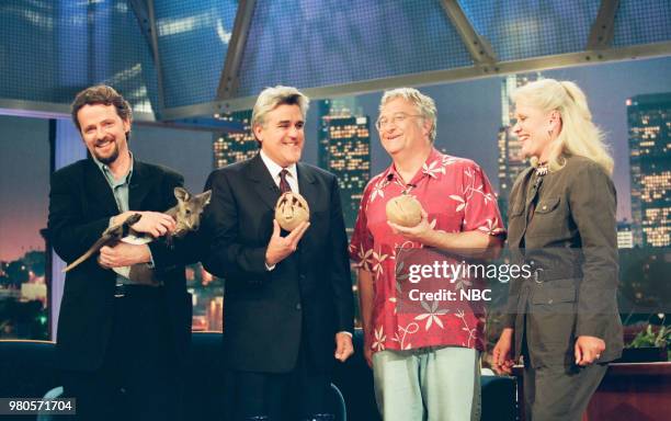Episode 1616 -- Pictured: Actor Aidan Quinn, host Jay Leno, musical guest Randy Newman, and animal expert Joan Embery posing for a picture on June...